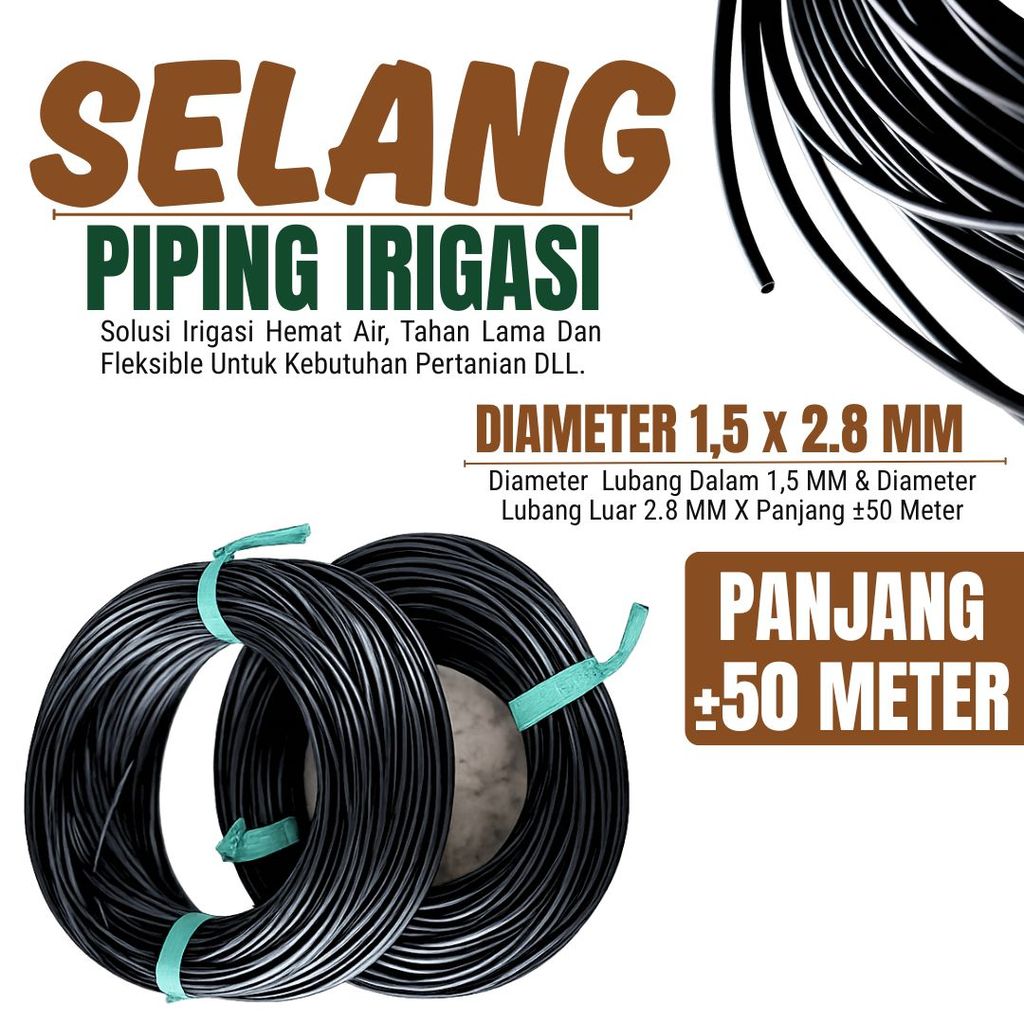 Selang Piping Pandepun Irigasi Tetes Hitam 2,8 mm Panjang ±50 Meter - Terbuat dari bahan berkualitas yang kuat dan tahan lama sehingga tidak mudah bocor saat digunakan dalam jangka panjang.