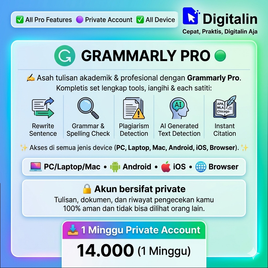 Grammarly Pro Premium Private Account AI Writing Assistant Plagiarism Checker Full Garansi