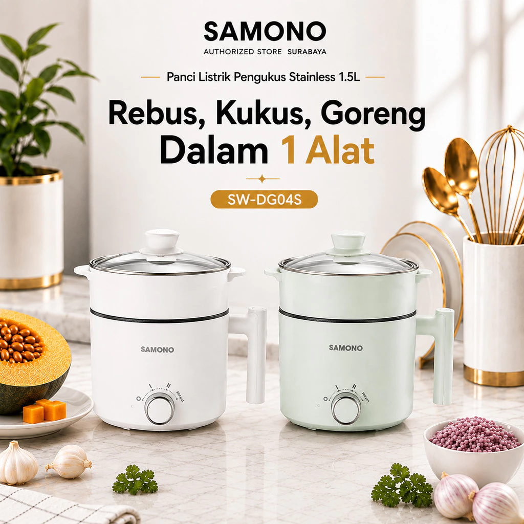 SAMONO Panci Listrik 1.5L Pengukus Stainless dengan penutup Anti Lengket SW-DG04S Hotpot Electric Hotpot Multifungsi Alat Masak Rumah Tangga Low Watt Panci Anak Kos Traveling