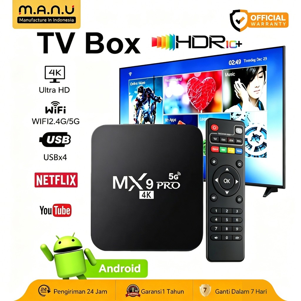 MANU Android Tv Box 8GB + 128GB Dual-Band WiFi 2.4GHz + 5GHz Set Top Box STB 4K HD Box Pro Kotak TV Cerdas Unlock Tv Box Netflix Google Youtube