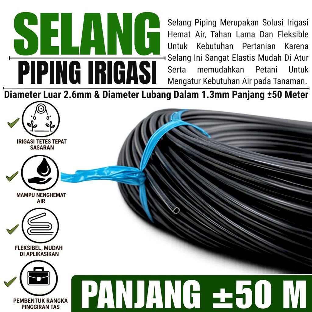 Selang Piping Pandepun Irigasi Tetes Hitam 2.6 mm x Panjang 50 Meter - Cocok digunakan untuk tanaman sayur, buah, hidroponik, hingga tanaman hias agar proses penyiraman lebih praktis dan efisien.
