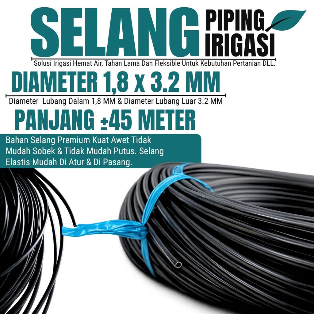 Selang Piping Pandepun Irigasi Tetes Hitam 3.2 mm x Panjang 40 Meter - ideal untuk saluran irigasi mikro dan kompatibel dengan berbagai aksesoris irigasi tetes.