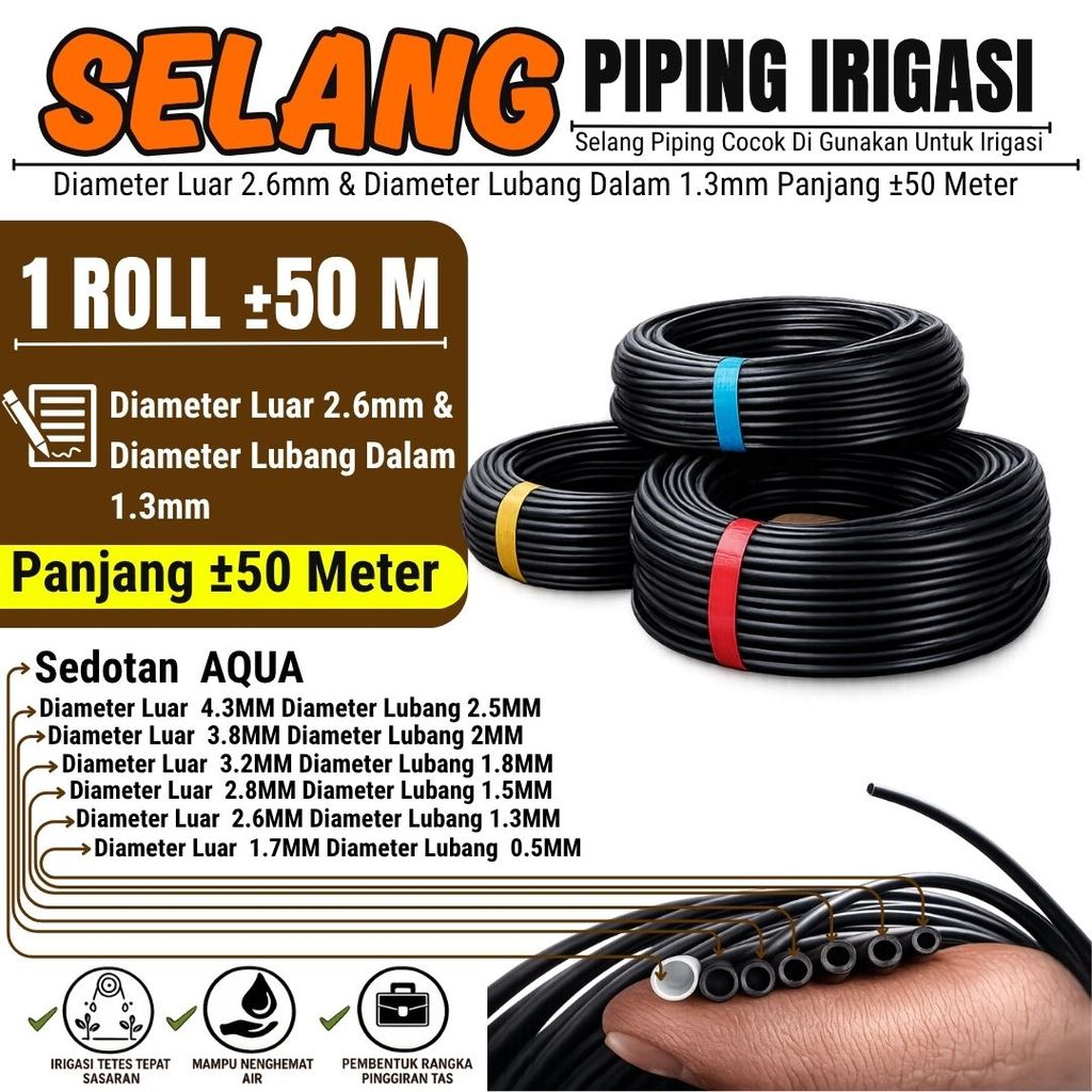 Selang Piping Pandepun Irigasi Tetes Hitam 2.6 mm x Panjang 50 Meter - cocok digunakan untuk menyalurkan air pada sistem irigasi tetes tanaman agar distribusi air lebih hemat, merata, dan efisien untuk kebun, hidroponik, maupun pertanian rumahan.