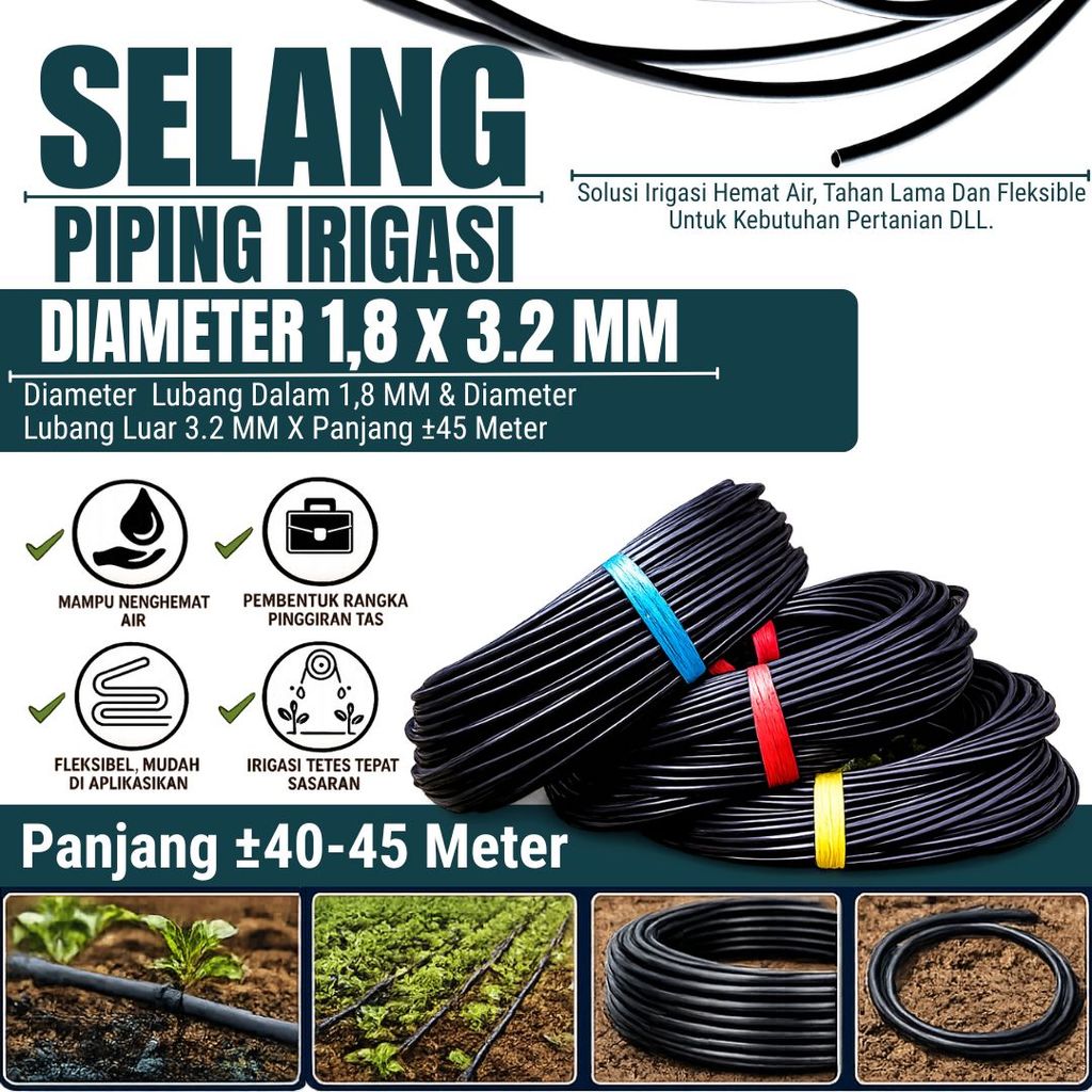 Selang Piping Pandepun Irigasi Tetes Hitam 3.2 mm x Panjang 40 Meter - Selang irigasi tetes pertanian selang piping selang pandepun selang drip termurah