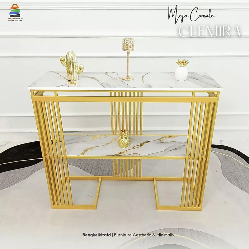 Meja Clemira Konsol Ruang Tamu Aesthetic Minimalis Modern Entryway Foyer Besi Holo Gold