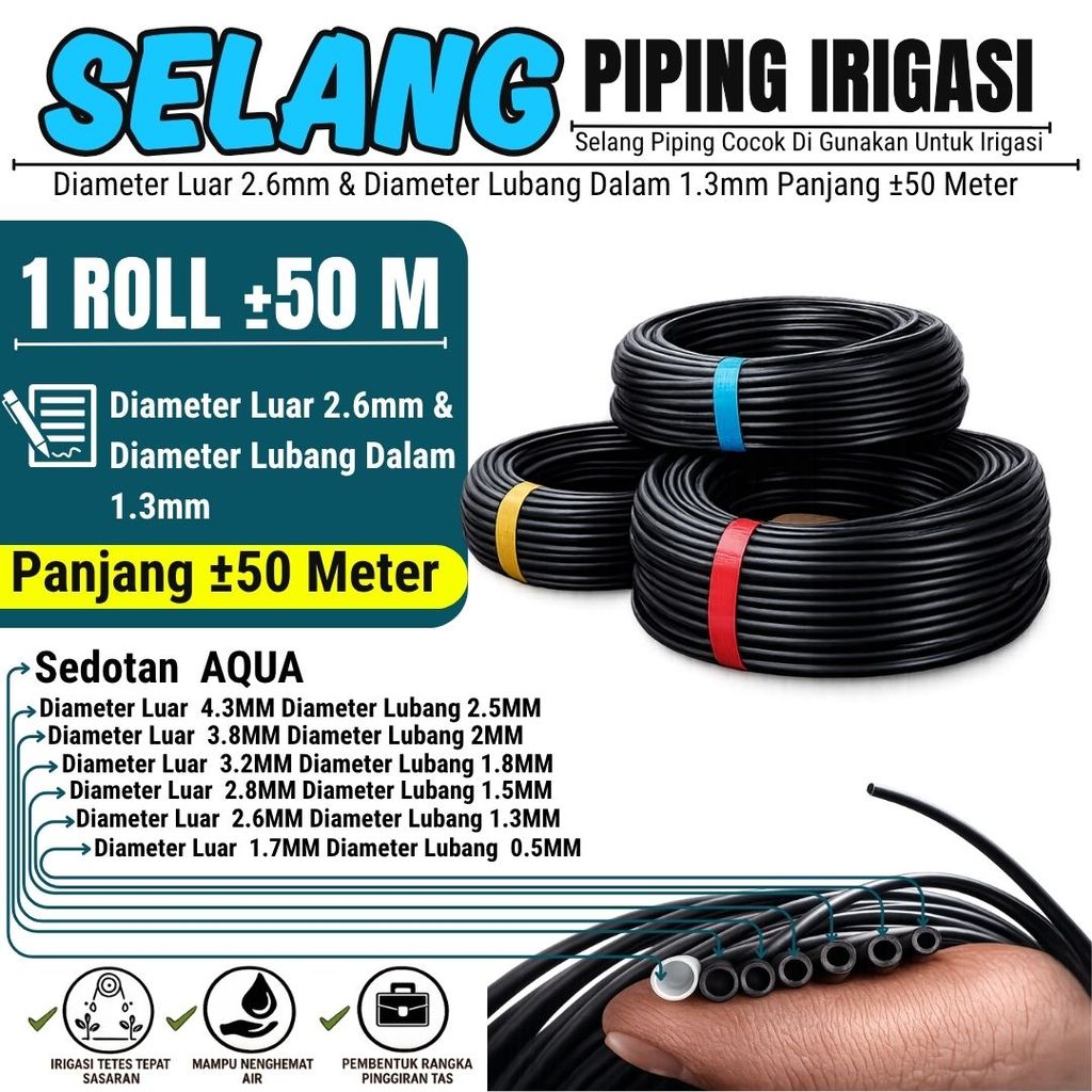 Selang Piping Pandepun Irigasi Tetes Hitam 2.6 mm x Panjang 50 Meter - Untuk instalasi air dan drainase skala kecil