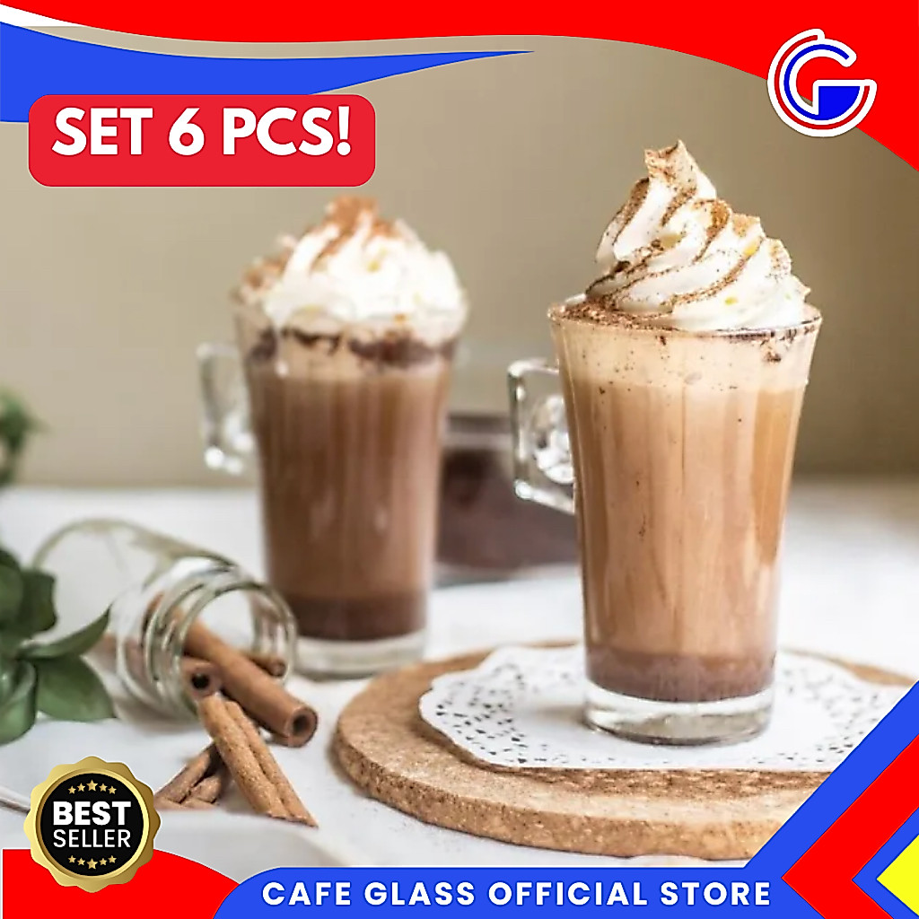 Gelas Kaca Kopi 6 Pcs Citinova Gaiyo - Cangkir Kopi Bening Gagang Korea - Tumbler Coffee Es Krim