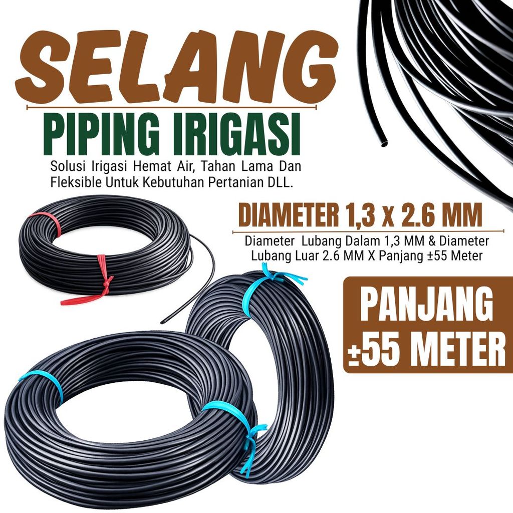 Selang Piping Pandepun Irigasi Tetes Hitam 2,6 mm Panjang ±50 Meter - Selang piping fleksibel dan mudah dipasang, cocok untuk berbagai kebutuhan sistem irigasi tetes di kebun maupun greenhouse.