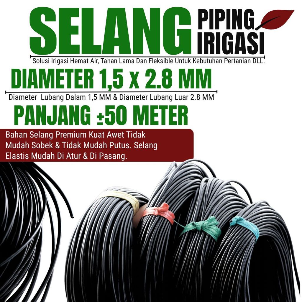 Selang Piping Pandepun Diameter Total 2,8 mm Panjang ±50 Meter - ideal untuk saluran irigasi mikro dan kompatibel dengan berbagai aksesoris irigasi tetes.