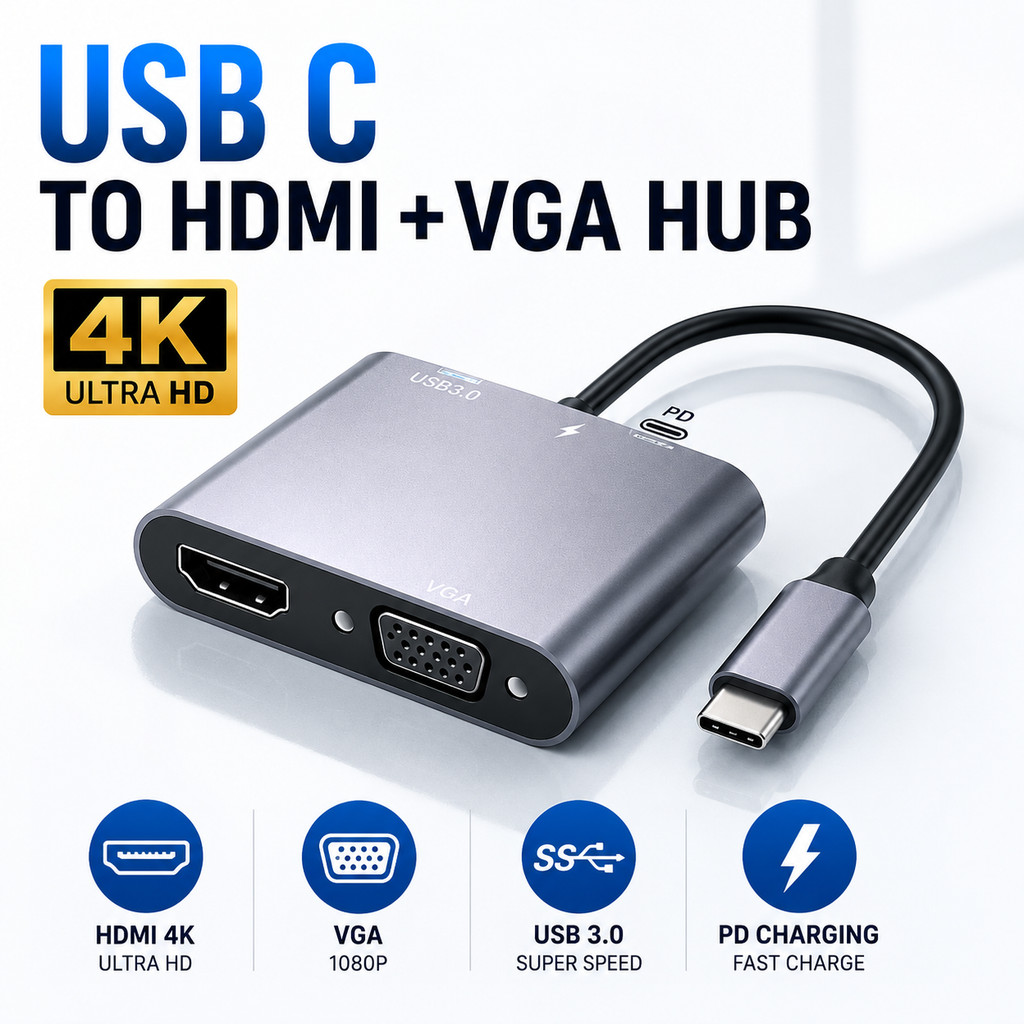 Jual Adaptor Konverter Type C To HDMI 4k + VGA PD Charging USB 3.0 4 in ...