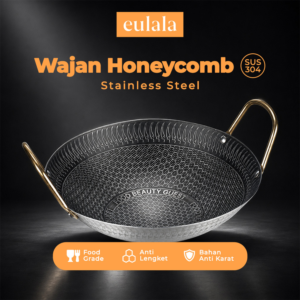 Eulala Wajan Honeycomb Stainless Steel SUS 304 Anti Lengket Wajan Penggorengan 24cm 26cm 28cm