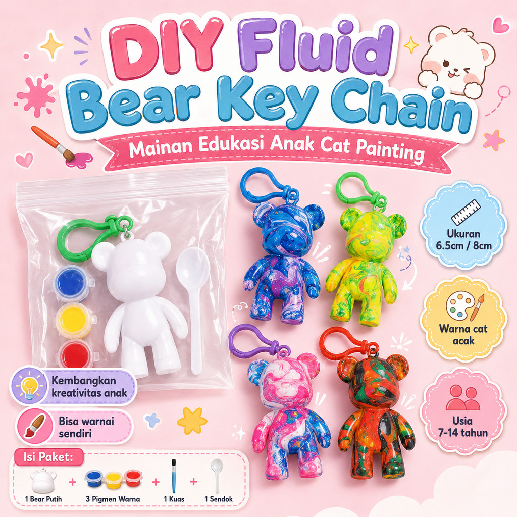 Paket DIY Fluid Bear Gantungan Kunci - Set Lengkap Kreasi Warna untuk Anak, Aktivitas Seru Ibu & Anak, Hasil Unik & Lucu