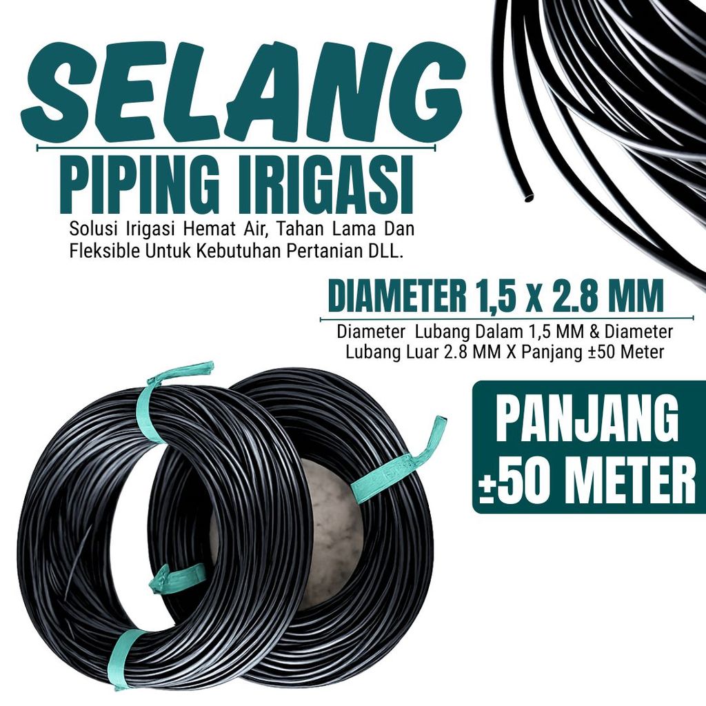 Selang Piping Pandepun Irigasi Tetes Hitam 2,8 mm Panjang ±50 Meter - Fleksibel dan Tidak Mudah Pecah untuk Pemakaian Jangka Panjang