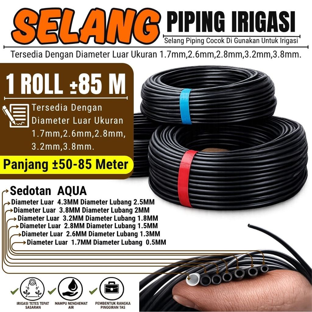 Selang Piping Pandepun Irigasi Tetes Hitam 1,7 mm, 2,6 mm, 2,8 mm, 3,2 mm, 3,8 mm Panjang ±40 - 85 Meter - Fleksibel, Kuat, dan Mudah Dibentuk untuk Berbagai Kebutuhan Kerajinan, Furniture, hingga Finishing Interior yang Lebih Rapi dan Estetik