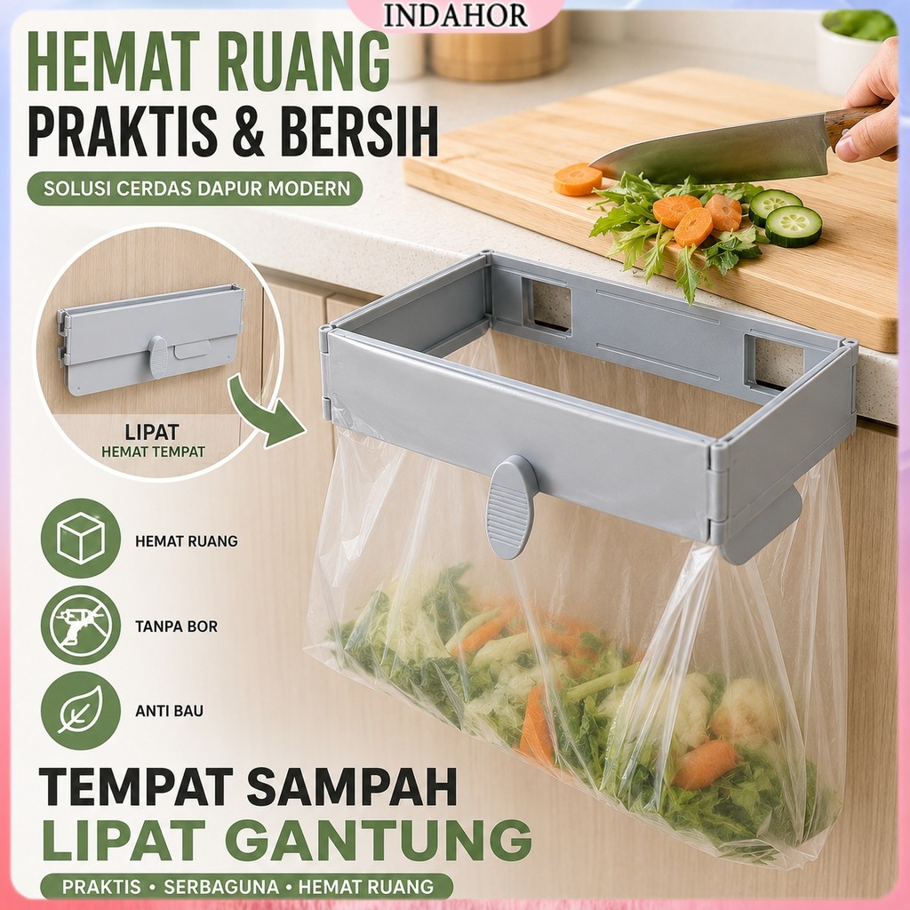 INDAHOR Tempat Sampah Lipat Gantung untuk Dapur Tanpa Bor Praktis Hemat Tempat Rak Sampah Portable Multifungsi