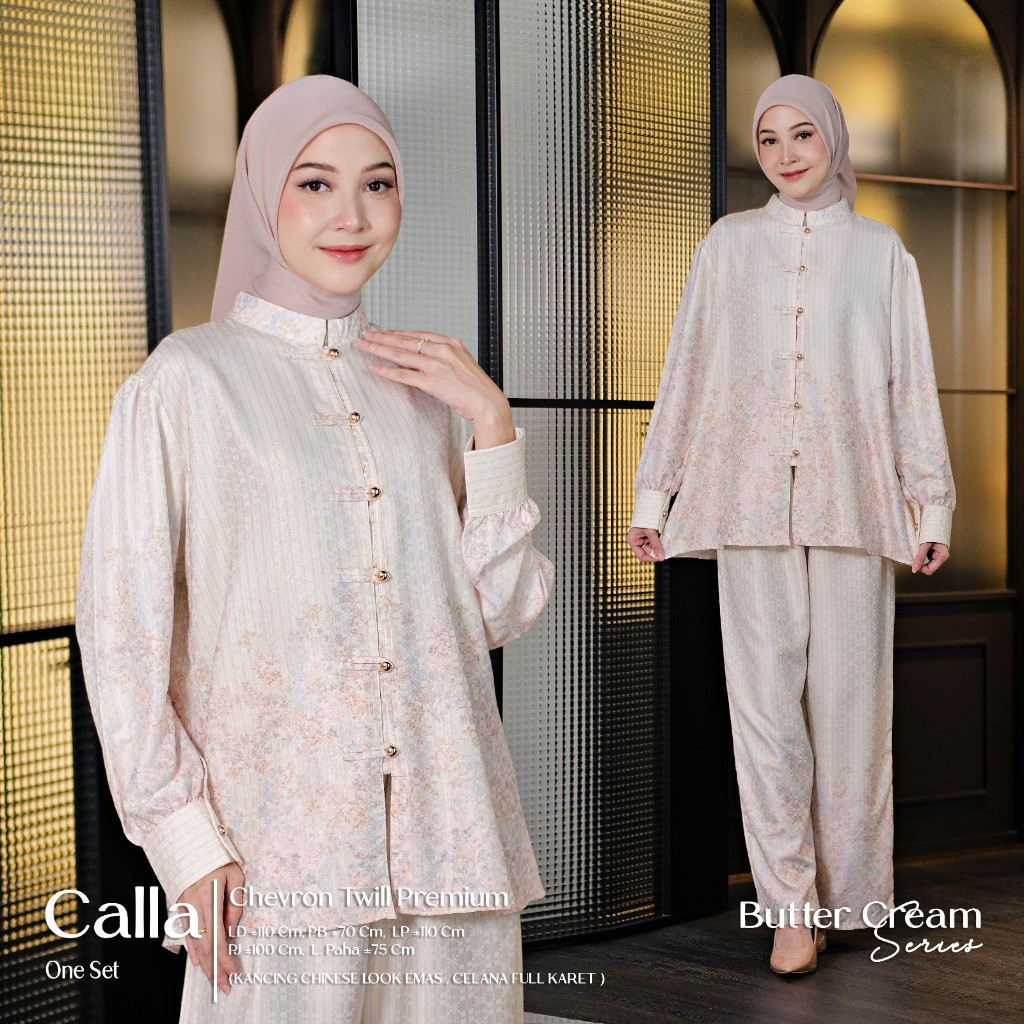 Riva Fashion - Calla One Set Wanita Muslim Chevron Twill Premium Motif Bunga