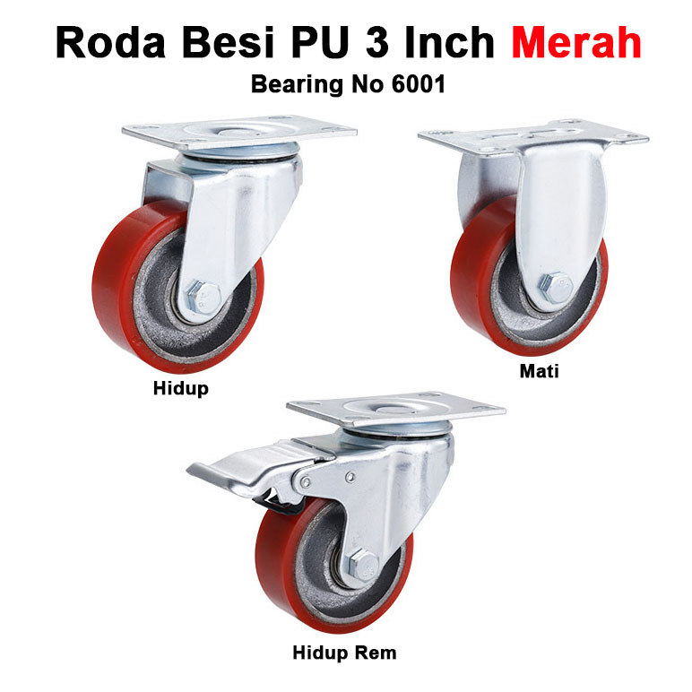Jual Roda 3 Inch PU Besi TAIWAN Merah (Tetap-Hidup-Rem) + Double ...