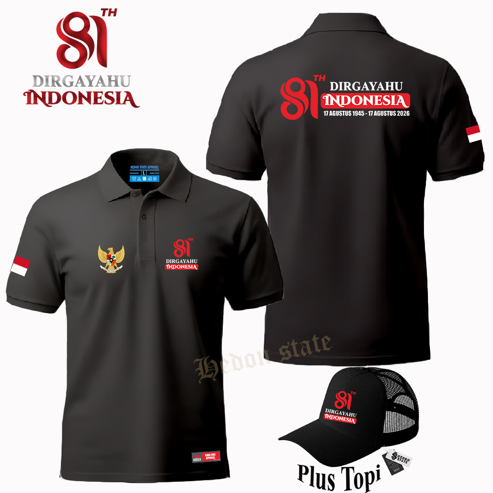 Plus Topi - Poloshirt Pendek Logo Samping Block Tengah Baru Hut Ri 17 Agustus 2026 Ke 81Th Dirgahayu Republik Indonesia Baju Kaos Kerah Pria Wanita Seragam Kekinian