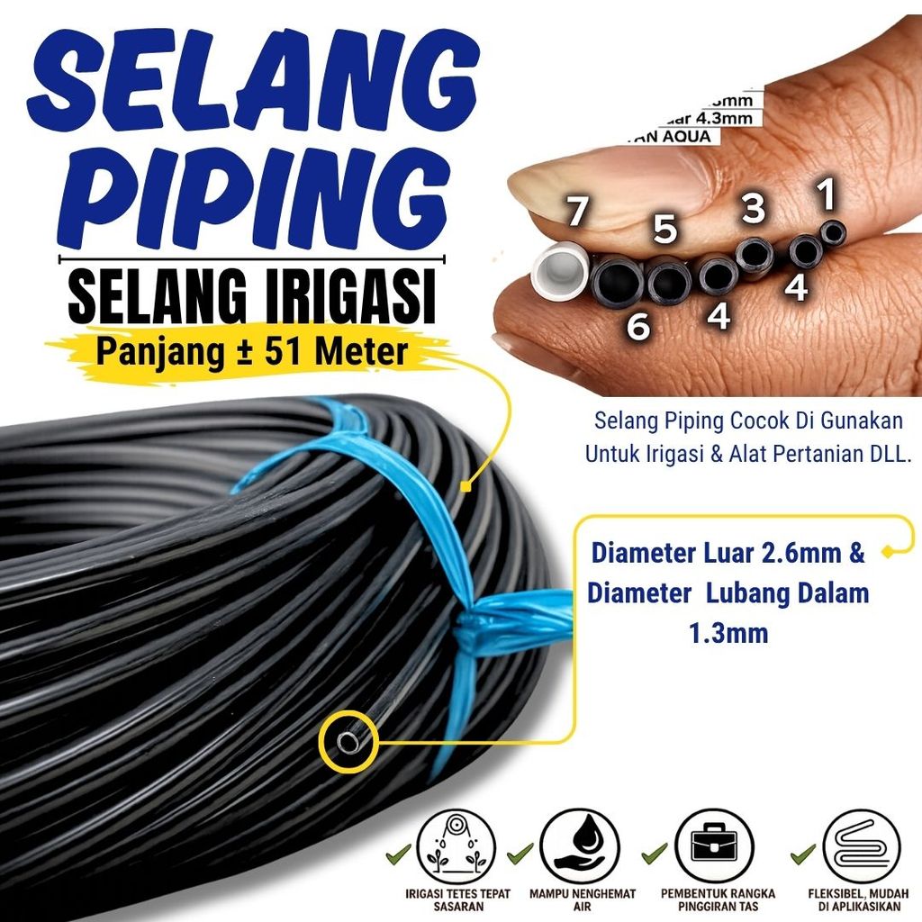 Selang Piping Pandepun Irigasi Tetes Hitam 2.6 mm x Panjang 50 Meter - Selang piping fleksibel dan mudah dipasang, cocok untuk berbagai kebutuhan sistem irigasi tetes di kebun maupun greenhouse.