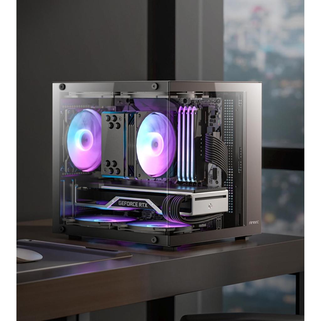 Casing ANTEC VCX10M ARGB - PC Komputer Gaming Mini Tower Case Black - 3 Fan 120mm ARGB, 2 Fan 120mm ARGB Reverse - Panoramic View Dual Chamber Design Tempered Glass