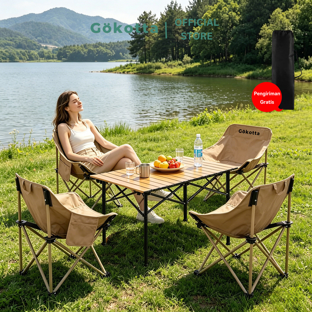 GOKOTTA Set Kursi & Meja Camping Keluarga Portable Anti Ribet/ Kursi Dan Meja Outdoor Set/ Paket Kursi Dan Meja Outdoor/ Bundling Kursi Dan meja Outdoor