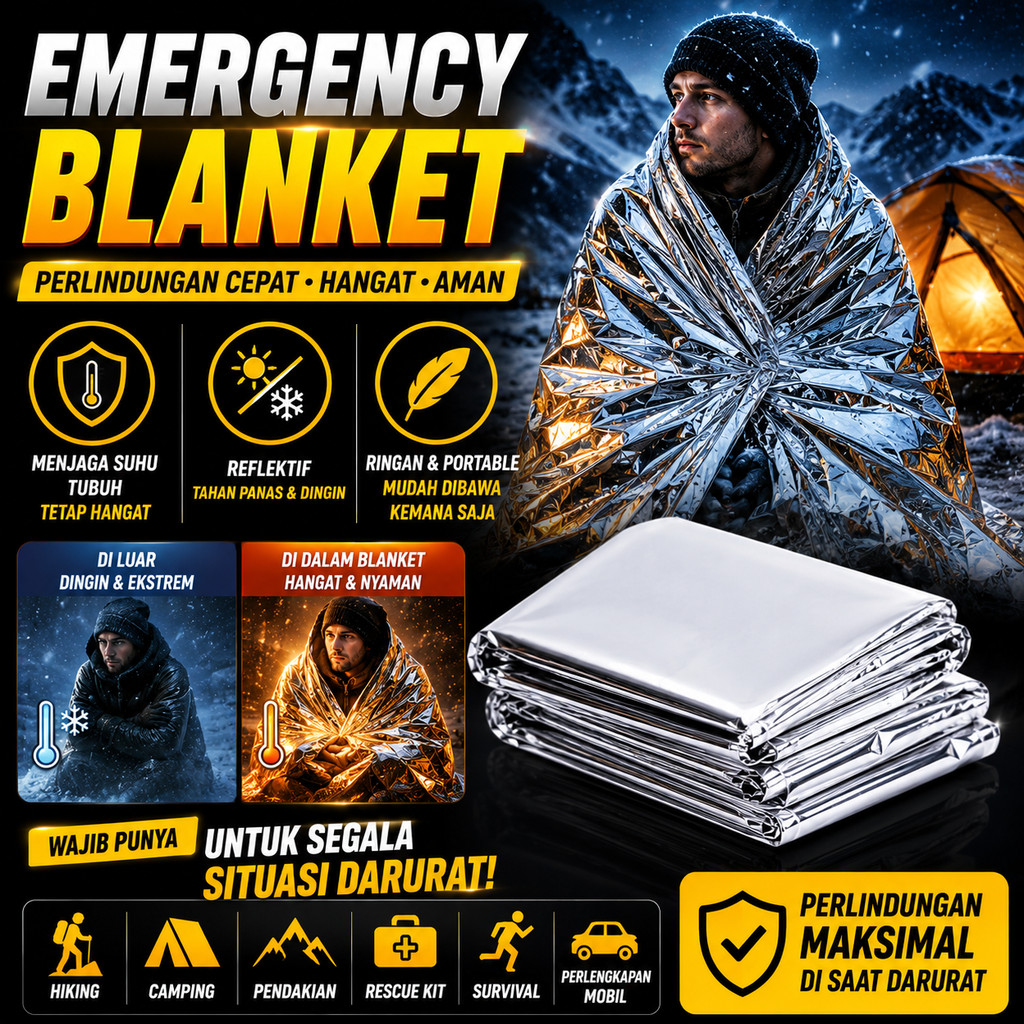 Emergency Blanket Mylar Thermal Survival Foil Selimut Darurat Anti Hipotermia Reflektif Tahan Panas Dingin Foldable Ringan Outdoor Hiking Camping Gunung Rescue Kit Perlengkapan Survival Portable
