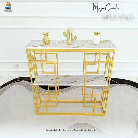 Aesthetic Console Table Entryway Foyer - MEJA YINYANG - Modern Minimalist Besi Holo Gold