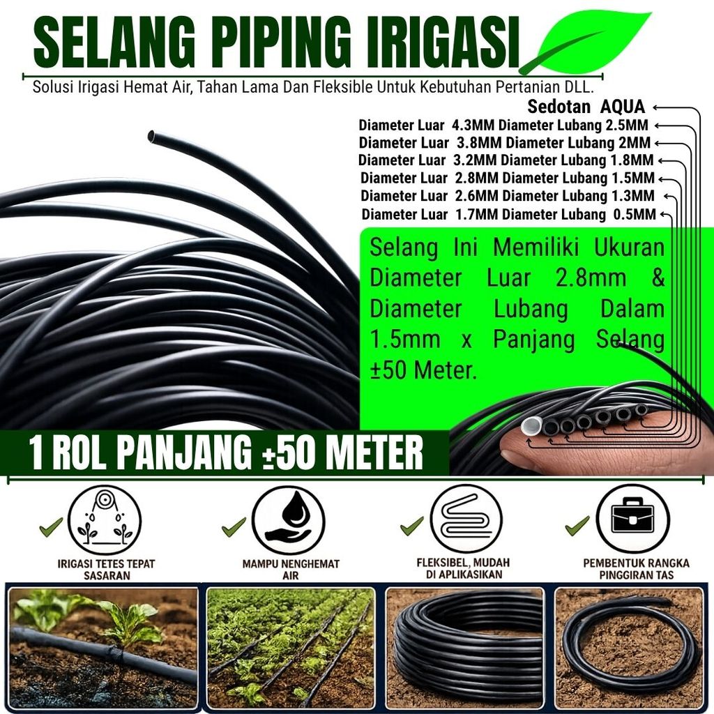 Selang Piping Pandepun Irigasi Tetes Hitam 2,8 mm Panjang ±50 Meter - cocok digunakan untuk menyalurkan air pada sistem irigasi tetes tanaman agar distribusi air lebih hemat, merata, dan efisien untuk kebun, hidroponik, maupun pertanian rumahan.