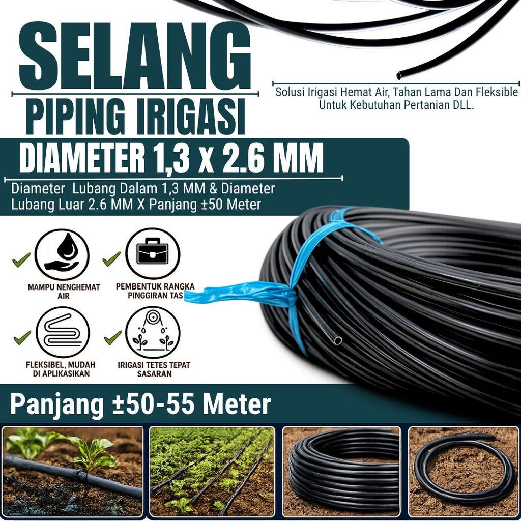 Selang Piping Pandepun Irigasi Tetes Hitam 2.6 mm x Panjang 50 Meter - Membantu Hasil Finishing Lebih Rapi, Estetik, dan Profesional