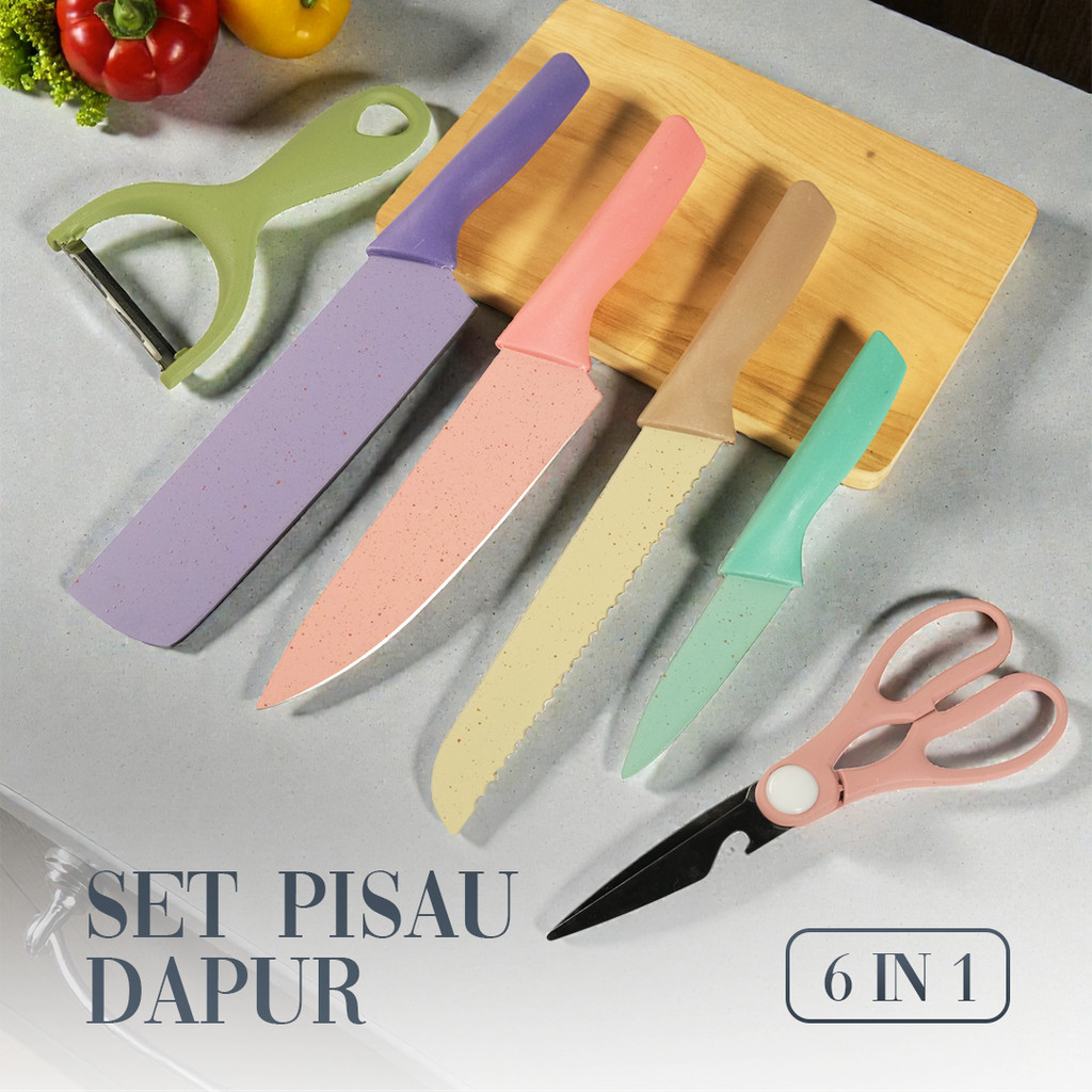 Set Pisau Dapur 6in1 Gunting Peeler Stainless Steel