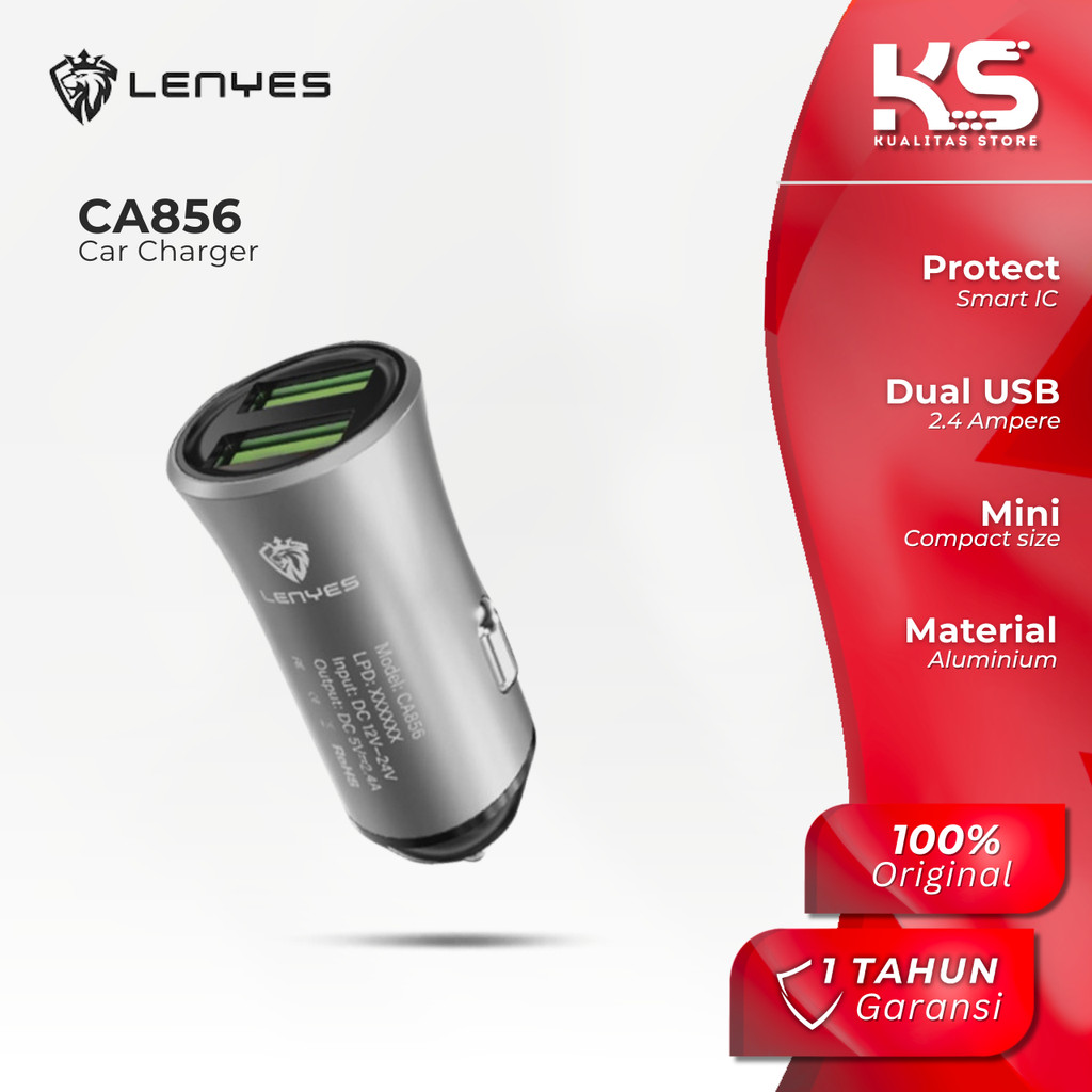 Jual LENYES ADAPTER CAR CHARGER FOR HANDPHONE DUAL USB 2.4A CA856 ...