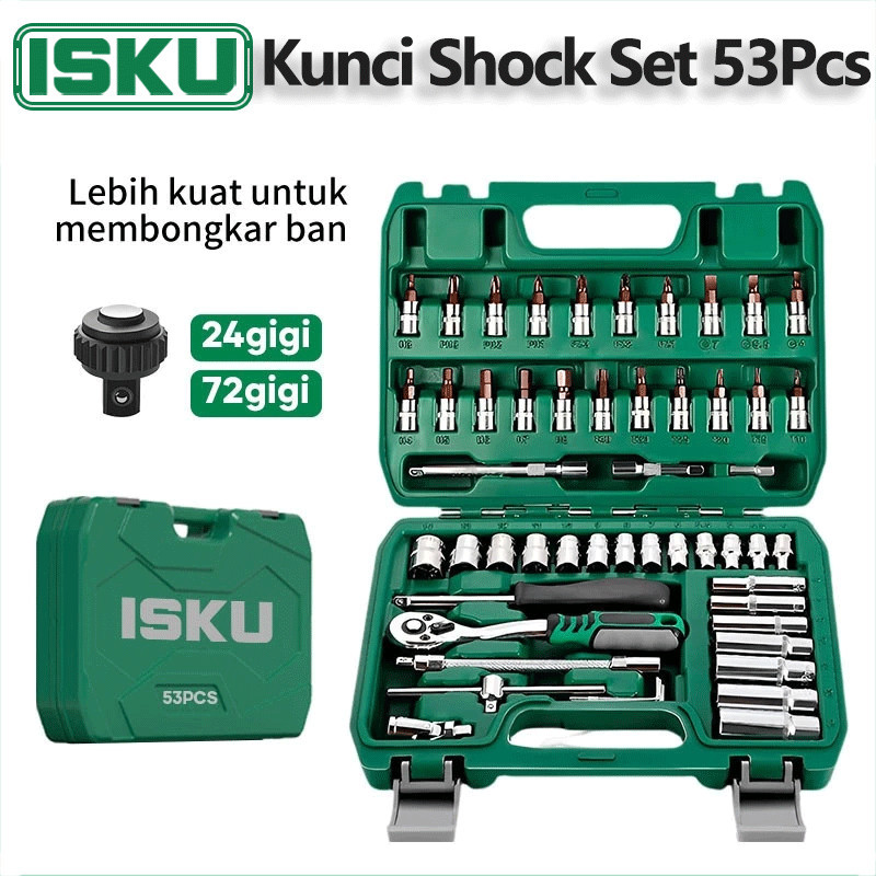 ISKU Kunci Shock Set 53PC Kunci Mata Sok Set Socket 1/4 Full TOOL Kit Alat Perbaikan Motor Mobil Set