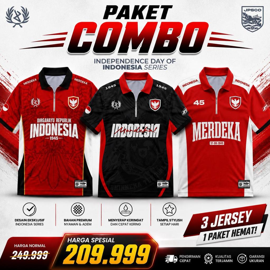 STYLE Jersey Agustusan Terbaru 2026 Kerah Zipper Premium Bahan Dryfit Brazil | Jersey Olahraga Pria Wanita Sport Vintage Retro HUT RI 17 Agustus