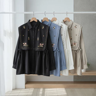Vallina Outfit - Narika Shirt Atasan Wanita Muslim Artisa Blouse Linen Rami Embodery Top Premium
