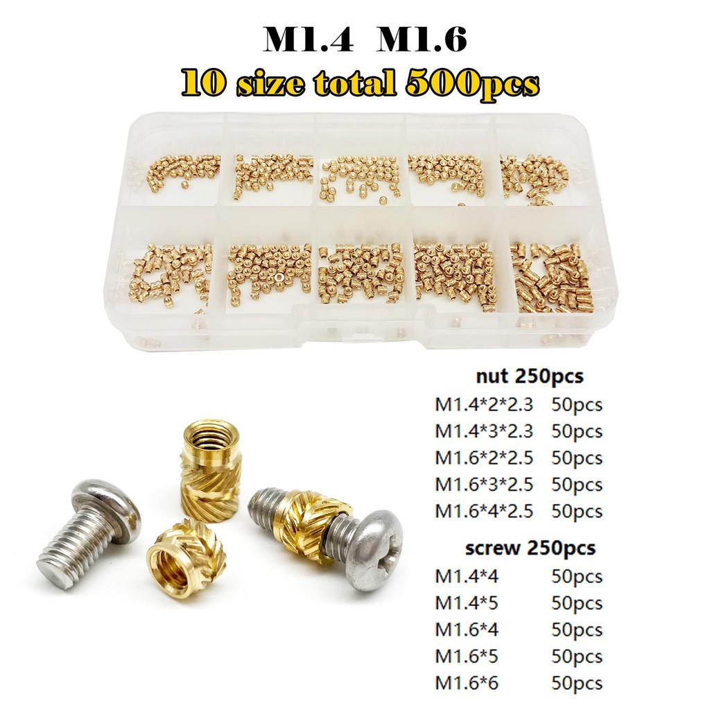 Jual Brass Copper Embed Insert Nut Screw Kit Set M1.4M1.6 M2 M2.5 M3 M4 ...