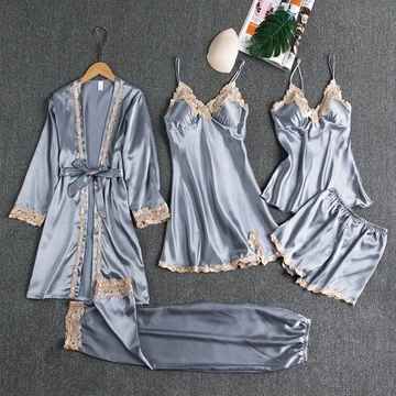 Pajamas Silk 5in1 Seserahan Set Sexy Kimono Renda Baju Tidur Impor 1 Set 5Pcs Satin Premium