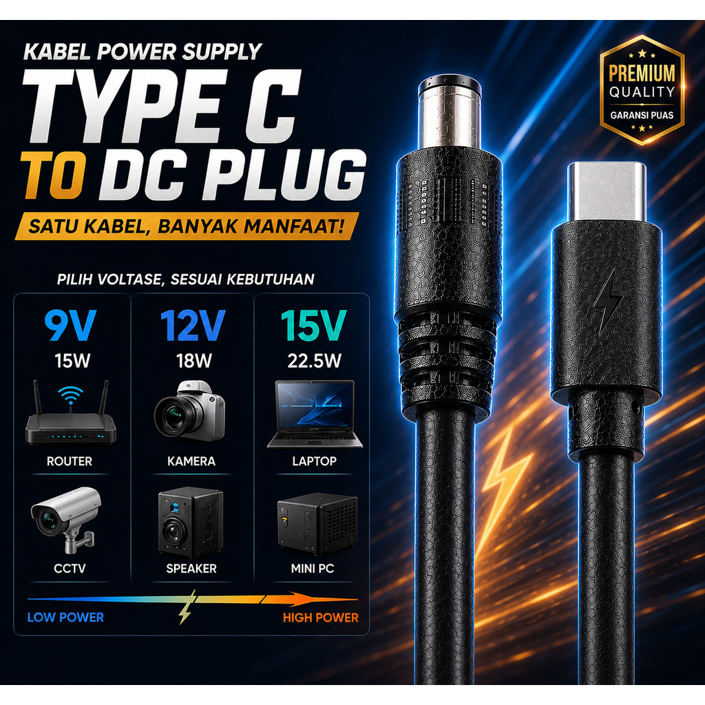 Jual Kabel Power Supply Adapter Type C to DC Plug 9,12,15,20,28V PD ...
