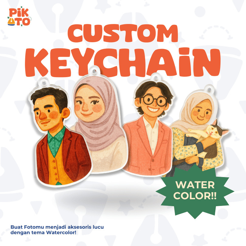 Pikato Gantungan Kunci Custom Premium Karakter Watercolor Keychain UV Print  High Quality