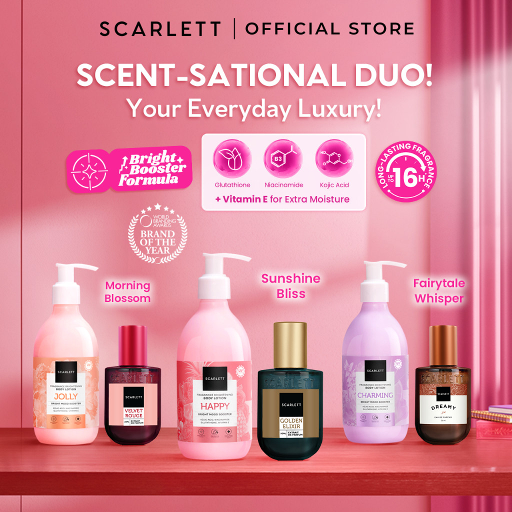 Product image TERBARU Scarlett Whitening SCENT-SATIONAL DUO - Eau De Parfum Velvet Rouge / Golden Elixir / Dreamy + Body Lotion Mood Booster Jolly / Happy / Charming TERLARIS