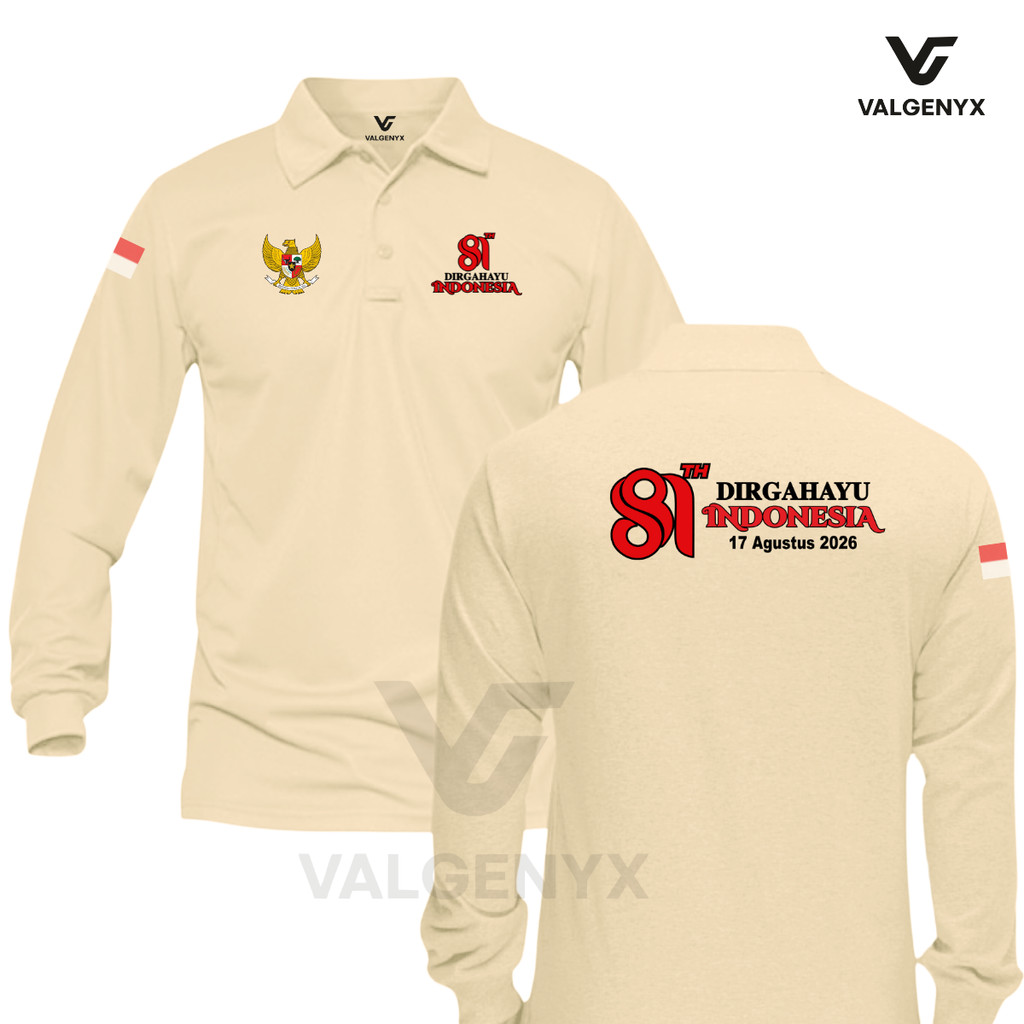 VALGENYX TERBARU BAJU KAOS POLO SHIRT PRIA KERAH 17 AGUSTUS 2026 yang ke 81 th  DIRGAHAYU REPUBLIK INDONESIA kemerdekaan indonesia hut ri lengan panjang sablon Merah Logo Atasan Distro Custom Casual