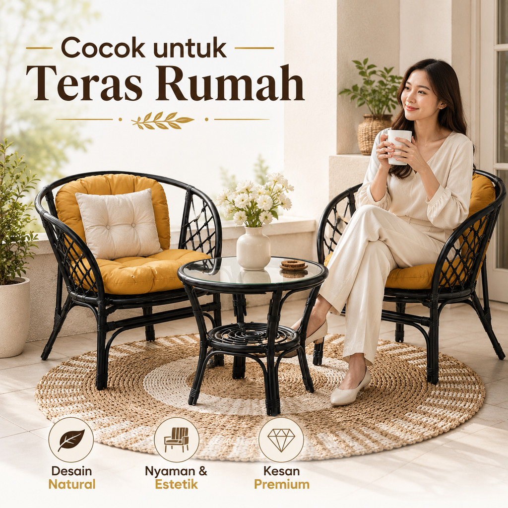 Set Meja Kursi Rotan 2 Kursi 1 Meja untuk Balkon Teras foto 1