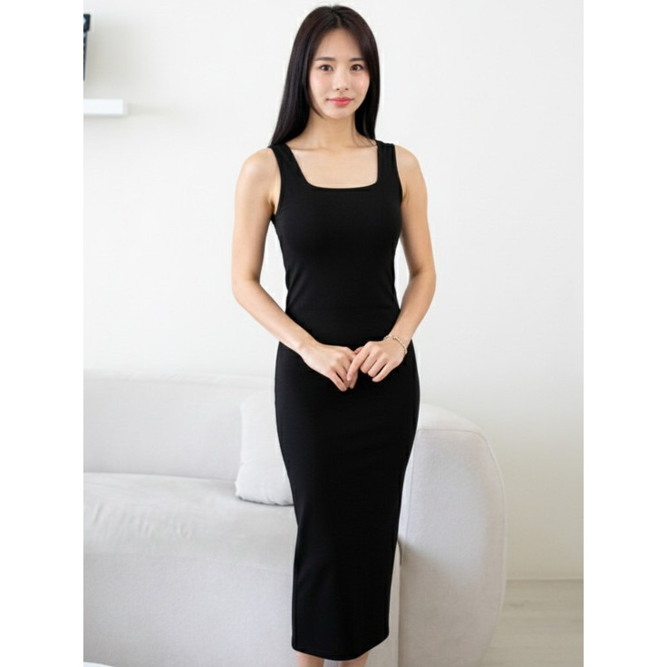 Jual NZINGA Eva Midi | Midi Dress Wanita Slim Fit Polos - Baju Tanpa Lengan  Square Neck Stylish | S - XXL | Shopee Indonesia
