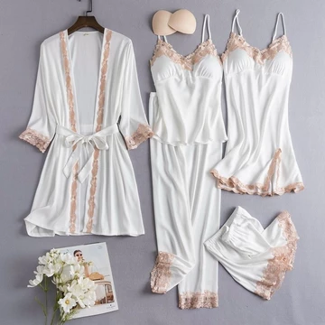 Pajamas Silk 5in1 Seserahan Set Sexy Kimono Renda Baju Tidur Impor 1 Set 5Pcs Satin Premium