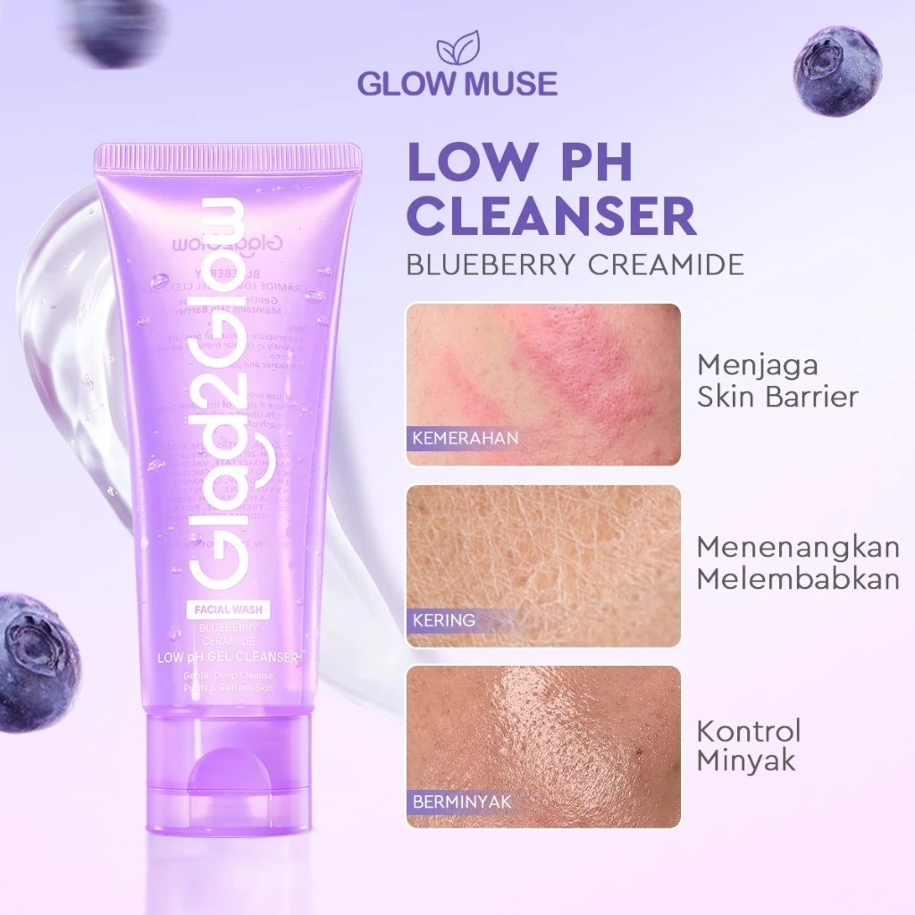 Glad2Glow Blueberry Cleanser 70ml / 150ml - Ceramide Low pH Gel Cleanser facial wash sabun cuci muka