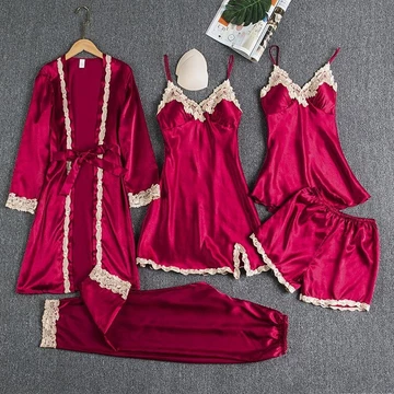 Pajamas Silk 5in1 Seserahan Set Sexy Kimono Renda Baju Tidur Impor 1 Set 5Pcs Satin Premium