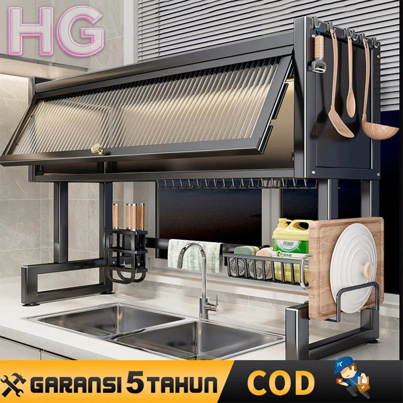 2 Susun Rak Piring Wastafel Dapur Stainless Steel Multi-fungsi Dengan Penutup/Kabinet & Aksesoris - Rak Cuci Piring Gantung Pengering Mangkuk Penyimpanan Dapur