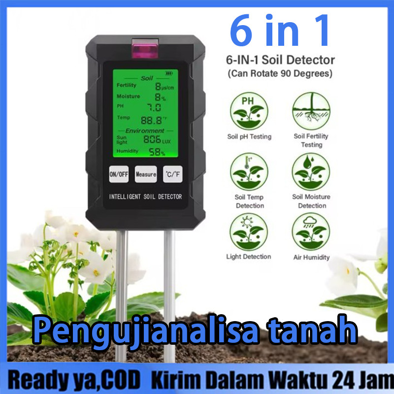 【Ready stok】Digital 6 in 1 Soil PH Meter Kesuburan Tanah Kelembaban Intensitas Cahaya Ambient Humidity Suhu Tester Monitor Detector Garden Soil Analyzer