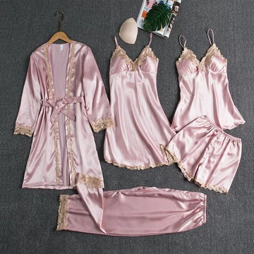 Pajamas Silk 5in1 Seserahan Set Sexy Kimono Renda Baju Tidur Impor 1 Set 5Pcs Satin Premium