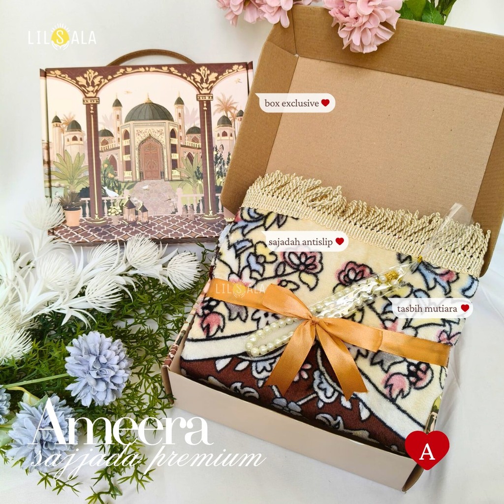 Sajadah Ameera Premium + Tasbih Mutiara | Box Eksklusif Kado Souvenir Islami Elegan
