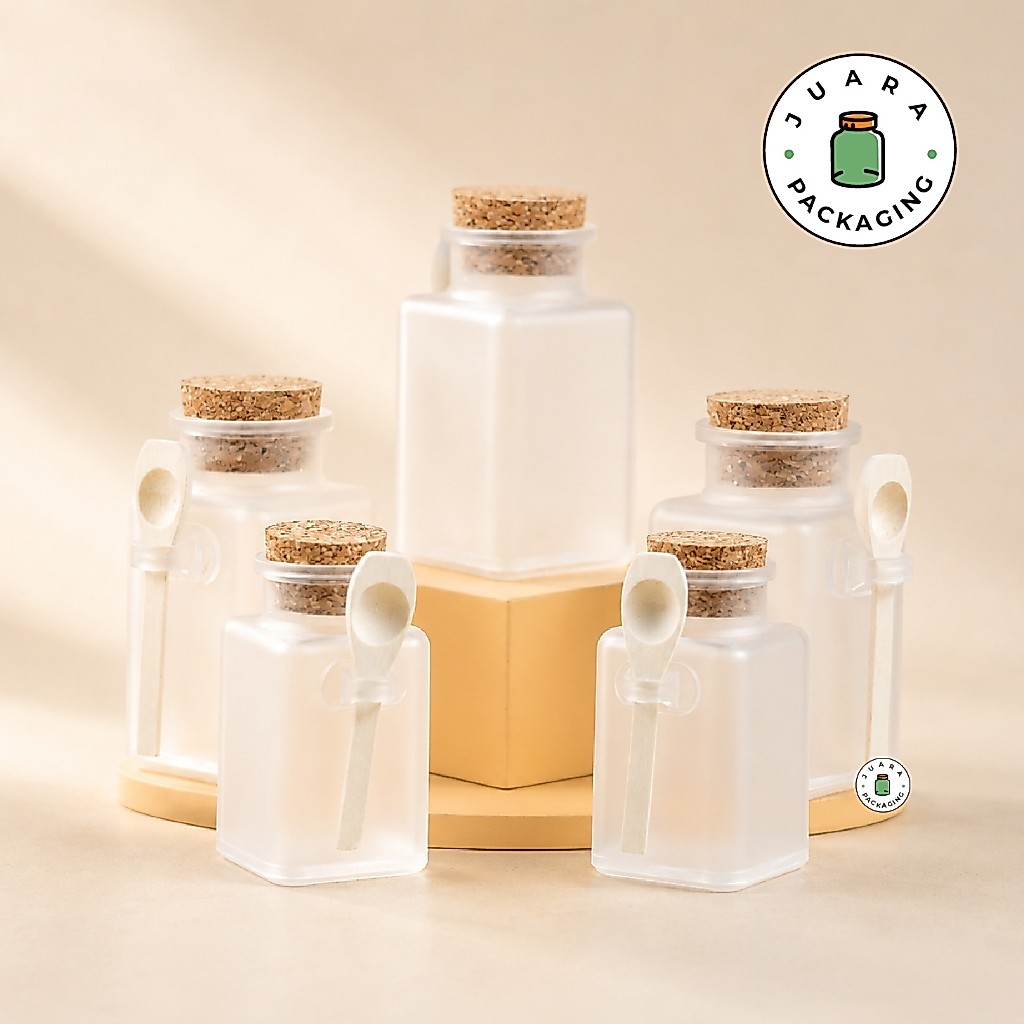 Jual Botol Acrylic Kotak 100ml 200ml dengan Tutup Gabus & Sendok Kayu ...